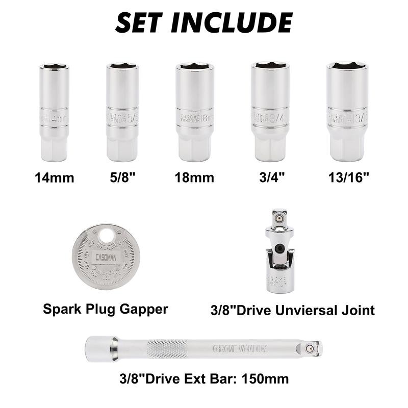 CASOMAN 3/8-Inch Drive Spark Plug Socket Set, 6-Point, Include Extension