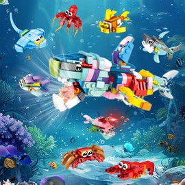Ulikey Party Bag Children's Birthday Party Favours, Pack of 12 Mini Animals Building Blocks Construction Toy, Montessori Toy, Christmas, Birthday Party Gifts for Children from 3 Years (Sharks-A)