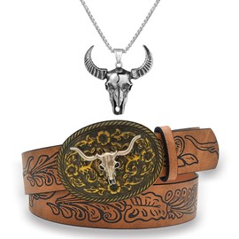 agogue Pack of 2 Cowboy Belts, Western Belts for Men, Equipped with a Bull Head Chains for Men, Cowboy Women's Longhorn Bull Flower Engraving, Men for Jeans Men's Belt Gifts, Multicolour