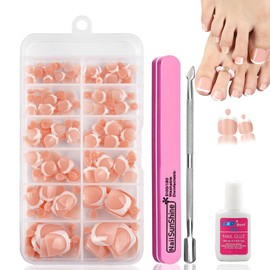 French Fake Toe Nails Set - 120PCS French Tip Press On Toe Nails - Short Square False Toenails Kit with Glue - Nude Acrylic Stick On Toenails for Women Girls - Glossy Full Cover Nail Art DIY Gift