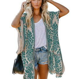 Bsubseach Pom Pom Kimono Cover Up for Bathing Suit Women Half Sleeve Cardigan Summer Bikini Beachwear Green