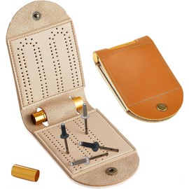 Portable Cribbage Board Game Set, Foldable Leather Travel Cribbage Games Board with 4 Metal Cribbage Board Pegs, 1 Mini Cribbage Board, 2 Track 1 Storage Slot for Adults Outings Or Camping