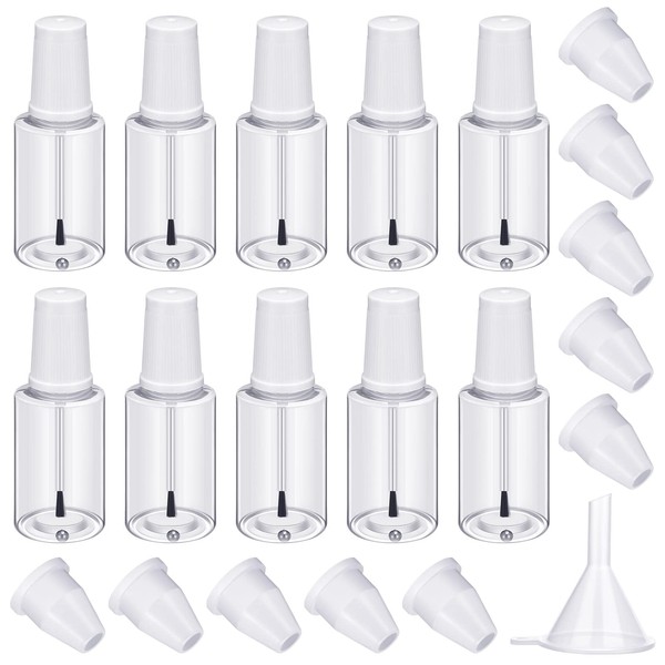 Irenare 10 Pcs Refillable Empty Nail Polish Bottles with Brush Mixing Marble Conservation Insert and Brush Top Plastic Nail Polish Container, Clear (20 ml)