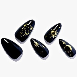 GLAMERMAID Press On Uñas Medium Almendra, Halloween Hecho A Mano Negro Uñas Esmalte Pegamento En Uñas Con Galaxia, 24Pcs Short Stiletto Acrílico Posti