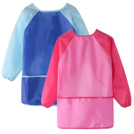 Moguxb Malschürze Kinder 2 Stück Wasserdicht Malkittel Kinder 3-8 Jahre Mädchen Junge, Bastelschürze Kinder mit Langarm und Taschen für Schule Kunst Malerei, Kochen, Backen,Essen(Blau+Pink)