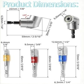 105° Angle Screwdriver Attachment Adapter, Angle Attachment for Cordless Screwdriver Adapter, Angle Attachment for Cordless Screwdriver, Drill Hex Shank, with 3-Piece Socket Adapter for Bit Holder