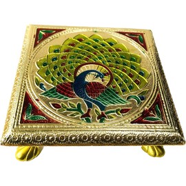 AARNAV 6" x 6" Handcrafted Low Table Bajath Bajot Chowki For God Temple or Lamp or Vase or Hindu Puja Brass Minakari Table (Brass Minakari 6"x6")