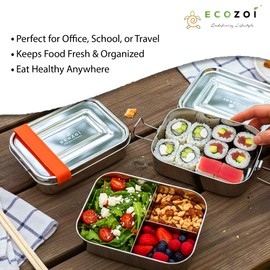 ecozoi Stainless Steel Lunch Box – 2 Tier Bento Box with Bonus Pod & 3 Compartments – Leak Proof Stainless Steel Lunch Box – Plastic Free, Eco Friendly, Dishwasher Safe, 60 oz