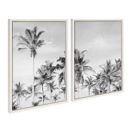 Kate and Laurel Sylvie Coastal Coconut Palm Tree Beach Black and White Left and Right Framed Canvas Art Set by The Creative Bunch Studio, 2 Piece Set 18x24 White, Tropical Landscape Art, Wall Décor