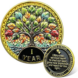 Leafence Tree of Resilience Commemorative Coin Recovery Addiction NA AA Chips and Medallions Challenge Coin Narcotics Alcoholics Anonymous Gifts (Tree of Resilience, 1 Year)