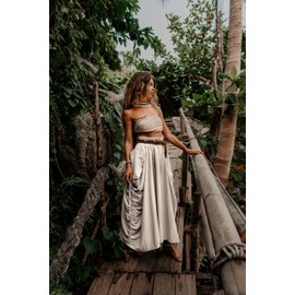 Thaluta Women's Maxi Boho Skirt with Pockets Bohemian Organic Cotton Hippie Gypsy (Ivory)