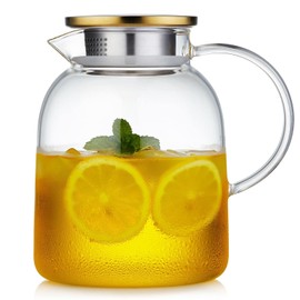 2L Glass Water Pitcher with Stainless Steel Filter Lid, High Borosilicate Glass Jug, Bird Beak Spout, Rotating Lid with Large & Small Holes, Glass Handle for Iced Tea, Juice, and More