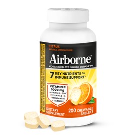 Airborne Citrus Chewable Tablets, 200ct | Immune Support Supplement with 1000mg Vitamin C + Vitamins A, D, E, Zinc,Selenium, & Manganese | Herbal Blen