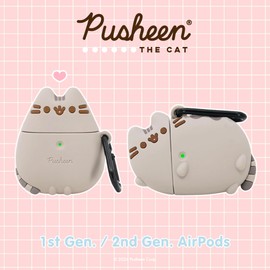 iFace x Pusheen Cute Silicone Protective Cover Designed for AirPods 1/2 Case [Carabiner Clip Included] [Wireless Charging Compatible] - Standing