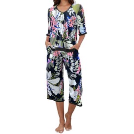Famulily Women Capri Pajamas Set Contrast Trim V Neck Comfy Half Sleeve Sleepwear 2 Piece Banana Leaf L