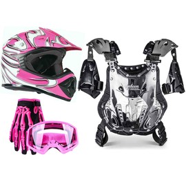 Typhoon Kids Pee Wee Offroad Gear Combo Helmet Gloves Goggles Chest Protector Motocross ATV Dirt Bike - Pink - Medium