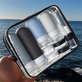 Kit de Viaje Aseo Personal – Set de 20 Esenciales para Viajar, Botellas Aprobadas para Avión, Fugas Controladas Loción, Champú, Acondicionador y Gel de Ducha