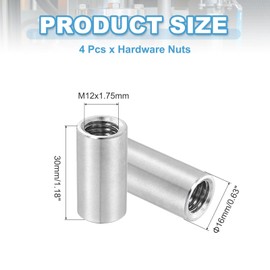 sourcing map 4Pcs M12x1.75mm Round Coupling Nuts, 0.63x1.18 Inch(ODxH)304 Stainless Steel Connector Nut Fasteners Rod Hardware Nuts for Threaded Rod, Industrial Construction Fasteners, Silver