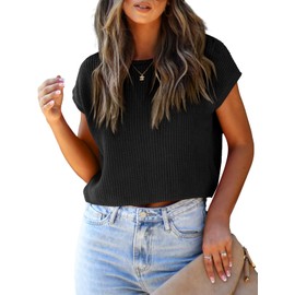 LCXWFE Womens Summer Cropped Sweater Vest Trendy Cap Sleeve Crop Tops Crew Neck Loose Knit Tank Top