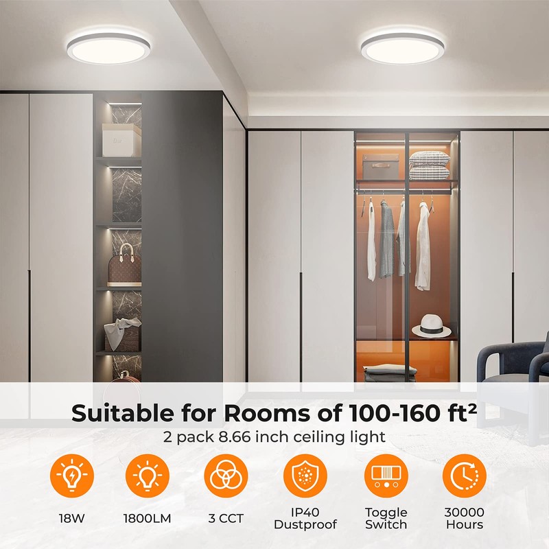 BLNAN LED Flush Mount Ceiling Light, 9 Inch 18W 3000K/4000K/5000K