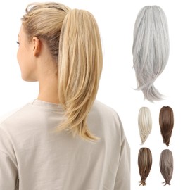 JUVABUN Straight ponytail 15''-Light Gray|Claw Clip In Ponytail Hair Extensions | Synthetic clips pony tails hair extensions |Hair Extensions for Women|Straight ponytail extension real human hair