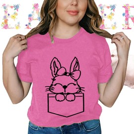 Cute Easter Shirts for Women Bunny Rabbit Printed Tshirt Funny Easter Graphic T-Shirts Short Sleeve Casual Holiday Tops, Pink Large