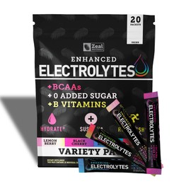 Zeal Naturals Enhanced Electrolyte Powder Stick Packs (Variety Pack - 20 Packets) Sugar Free + BCAA B-Vitamins & Pink Himalayan Salt - Keto Electrolytes, Hydration Powder