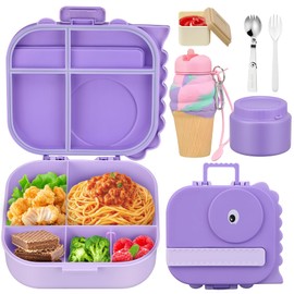 Lunch Box with 13oz Soup Thermo for Hot Food Kids Insulated Food Jar Container with Silicone Water Cup and Spoon & Fork Leak Proof Bento Box Set with 5 Compartment for School Travel