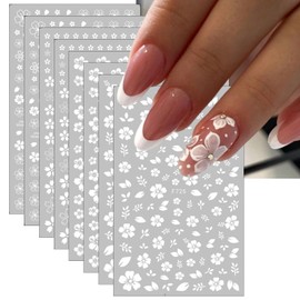 8 Sheets Flower Nail Art Stickers White Flower Nail Decals 3D Self Adhesive White Cherry Blossoms Nail Art Design Floral Nail Art Supplies for Acrylic Nail Women Girls Manicure DIY Decoration