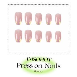 IMSOHOT Press on Nails Medium Coffin Fake Nails Pink Aurora French Tips False Nails Full Cover Glossy Glue on Nails Cute Laser Chrome Stick on Nails Bllerina Artificial Nails Kit for Women Girls
