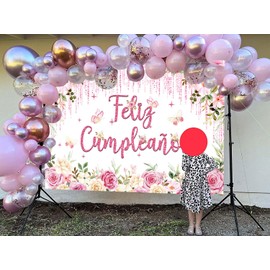 Feliz cumpleaños Backdrop Pink Floral Birthday Backdrop for Photography Glitters Rose Butterfly Party Banner for Women Girls Baby Shower Photo Booth Supplies (7X5FT)