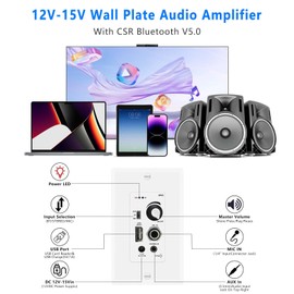PNWCZ Wall Amplifier Compatible with Bluetooth 4 Channels Volume Control Wall Plate with USB/MIC/AUX(3.5mm) Inputs Terminal Block Connect 4 Speakers