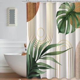 Boho Shower Curtain, Minimalist Bathroom Curtains, Mid Century Abstract Shower Curtain, Waterproof Arch Bathroom Decor, Art Home Decor 72x72 inch, Green Leaves Geometric Sun Aesthetic Shower Curtains