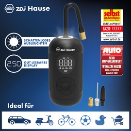 Wiha zai Hause Elektrische Luftpumpe für Fahrrad & Auto mit Akku 3,7 V inkl. Adaptern für Motorrad/Ball/Rad/Kfz bis zu 10 bar/150 psi I Mobiler Kompressor mit LED-Ringlicht I Fahrradluftpumpe tragbar