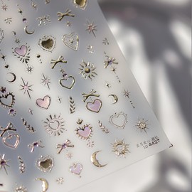 5D Embossed Gold Nail Stickers for Nail Art Gold Moon Star Nail Decals Self Adhesive Purple Gem Heart Nail Art Stickers Sun Bow Nails Supplies for Women Nail Manicure Accessories DIY