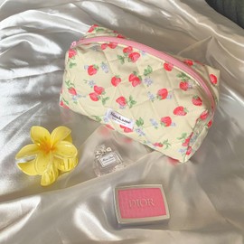 SINOKAME Cute Quilted Makeup Bag, Coquette Strawberry Skincare Pouch Aesthetic Cosmetic Travel Skincare Brush Organizer Pouches Makeup for Women,Strawberry me Up