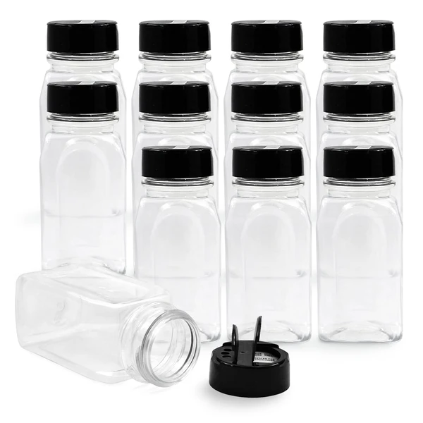 RoyalHouse 12 Pack 9.5 Oz Plastic Spice Jars with Black
