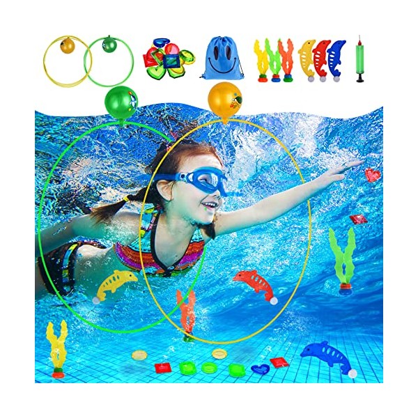 Faburo 20PCS Swimming Pool Toys, Diving Toys Set Including Diving Rings, Seaweed, Diamonds, Dolphins, Underwater Swimming Pool Toys for Kids Suitable for Games and Training Gifts.