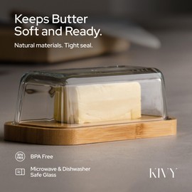 KIVY Glass butter dish with airtight lid that keeps butter soft - For countertop and refrigerator door shelf - Butter tray with lid fridge - Butter holder for counter - Covered butter dishes