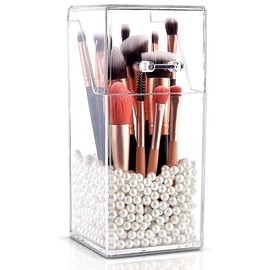 Eforcase Clear Acrylic Pencil Pen Holder Cup, Makeup Brush Organizer Flip Lid Dustproof Makeup Brush Holder Acrylic Desk Accessories