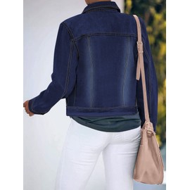 luvamia Women's Basic Button Down Stretch Fitted Long Sleeves Denim Jean Jacket Deep Blue Size Medium