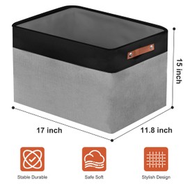 Large Open Fabric Storage Basket for Organizing, Collapsible Linen Closet Bins with Leather Handles for Shelves, Closets, Laundry, Decorative Basket for Gifts. (Black＆Gray, 3PCS/16.9*11.8*15inch)