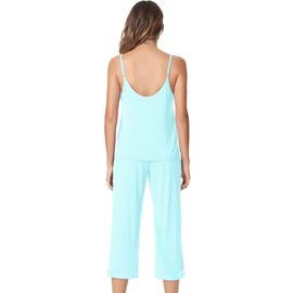NACHILA Womens Pajamas Sets,Viscose Made from Bamboo V-Neck Satin Cami Top and Capri Pants Sleepwear Pjs Sets,Viscose Made from Bamboo Aqua Green L