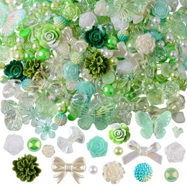 Kikonoke 350 Pieces 3D Resin ABS Colorful Rose Flower Bows Butterfly Charms with Flatback Half Round Pearl Beads for Bracelet Earring Necklace Craft DIY Making Supplies (Green)