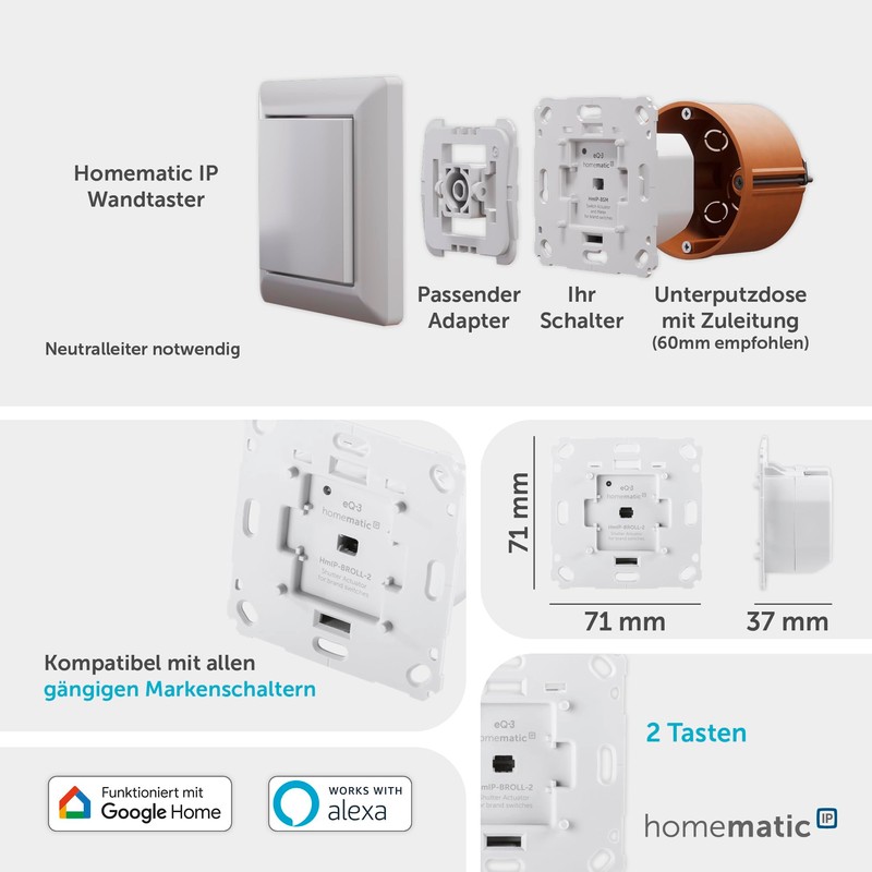Homematic IP Smart Home Roller Shutter Actuator for Branded Switches,