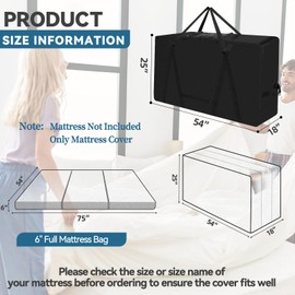 FREEAMG Folding Mattress Storage Bag, 6" Full Mattress Fits, Water-resistant Oxford Cloth + Coating, Easy Zipper Access, Padded Handles, Adjustable Straps
