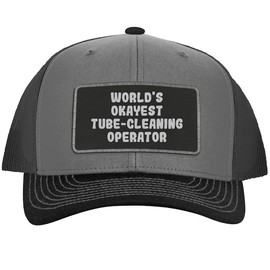 World's Okayest Tube-Cleaning Operator - Leather Black Patch Engraved Trucker Hat, Grey-Steel, One Size