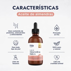 Aceite De Almendras Dulces %100 Puro, Hidratante, Crecimiento De Uñas y Pestañas, Uso cosmético Hebbe 120ml