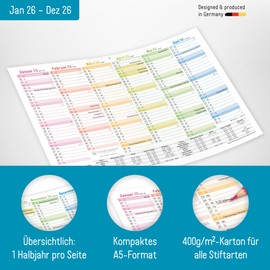 Häfft® 5 x Blackboard Calendar 2026 A4 Landscape "Rainbow" - Year Planner, Wall Calendar, Annual Calendar Including Small Overview Following Year, Holidays & Holiday Overview - Sustainable & Climate