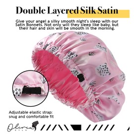 Olivia Sylx - Satin Toddler Silky Sleep Cap & Satin Kids Bonnet for Girls - Sleep Cap & Hair Cover for Sleeping - Adjustable (Pink Leopard/Pink, 0-3 Year)